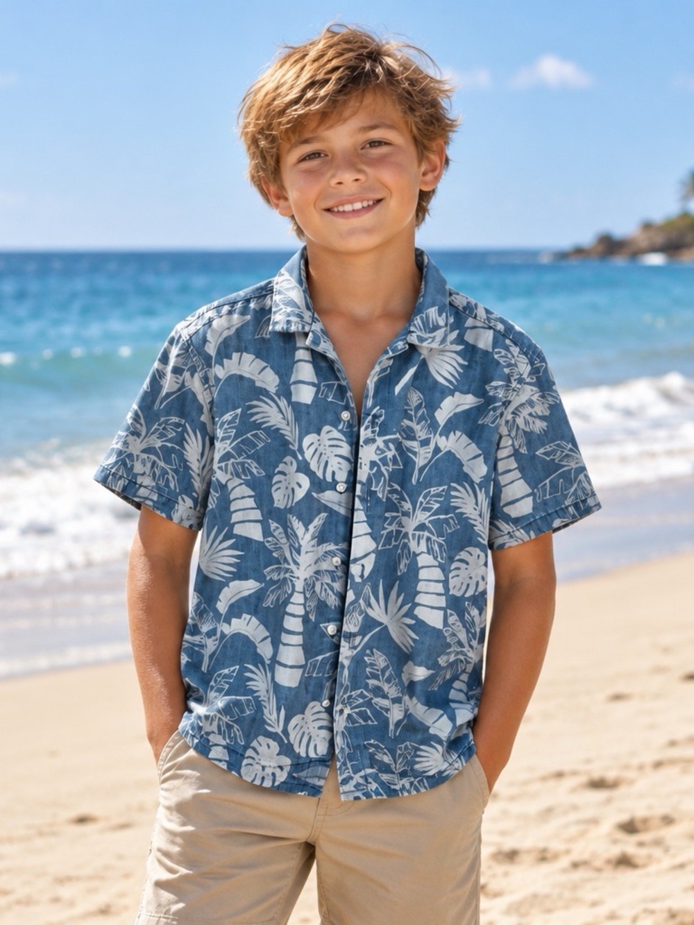 H&M Blue and White Short-Sleeve Tropical Button-Down Shirt Boys Size 10